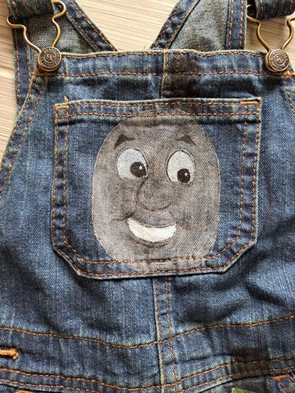 Vtg Hand Painted Thomas Friends Train Denim Bib Overalls Adjustable Pockets 5T - Picture 3 of 11